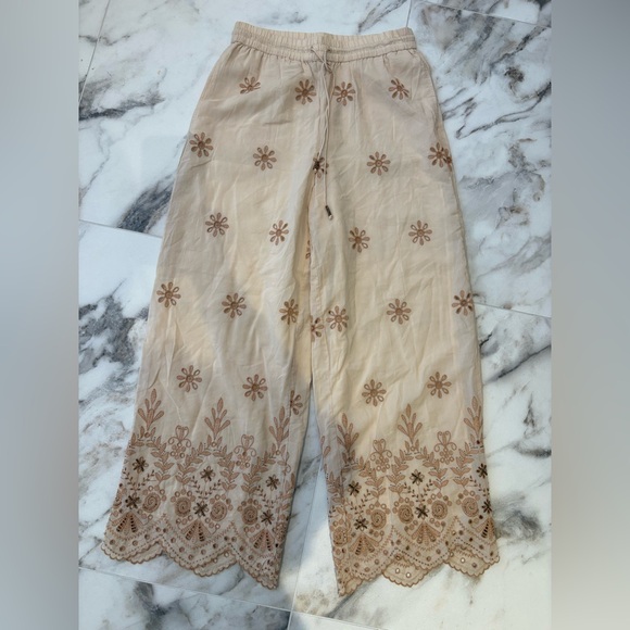 Zara Embroidered Floral Wide-Leg Pants Boho Scalloped Hem S - Picture 6 of 13